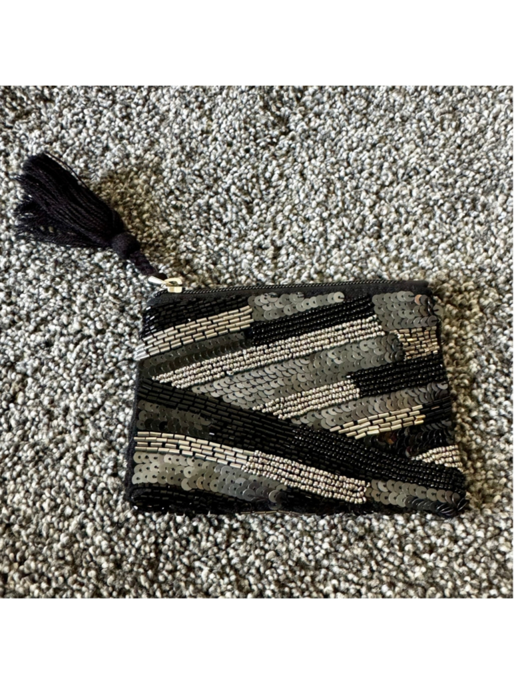 Women's America & Beyond Beaded/Sequined Coin Purse Tassel Zipper Black Silver